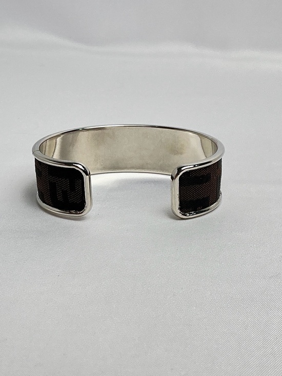 FENDI Brown Monogram Cloth Canvas Silver Cuff Bangle Bracelet - Picture 6 of 8